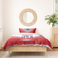 Red USA rugby bedding with 'YOUR TEXT' on duvet and one matching pillow