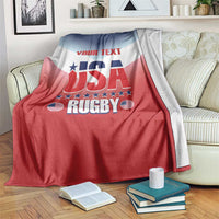 Custom USA rugby blanket with red, white, and blue team graphic and “YOUR TEXT”