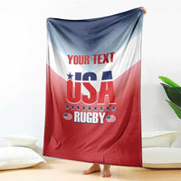 USA rugby blanket with “YOUR TEXT” and flag-style red, white, and blue design