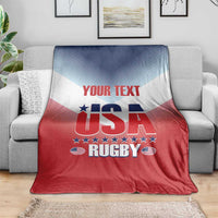 Red, white, and blue USA rugby throw blanket with “YOUR TEXT” team emblem