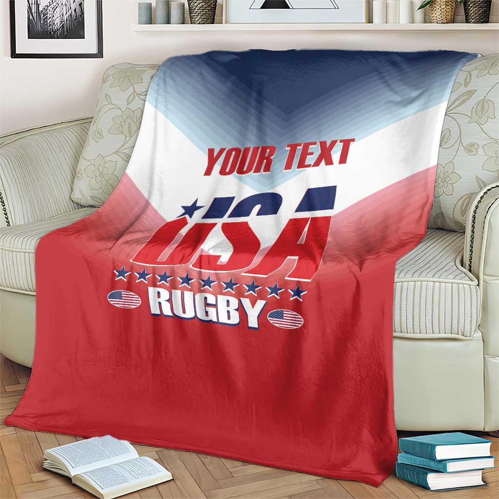 USA rugby blanket featuring “YOUR TEXT” and flag graphic in red, white, and blue
