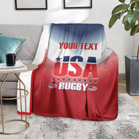 Red and blue USA rugby blanket with “YOUR TEXT” text and star logo