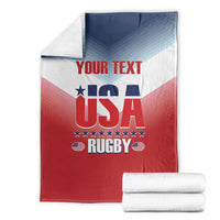 Folded USA rugby blanket with “YOUR TEXT” and flag-style red, white, and blue graphic