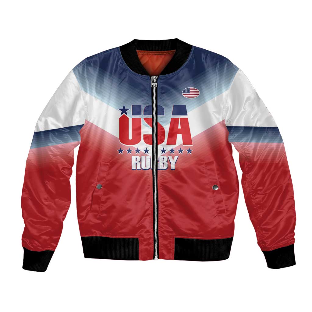 Unisex rugby bomber jacket with red, white, and blue panels; front zipper and ribbed cuffs