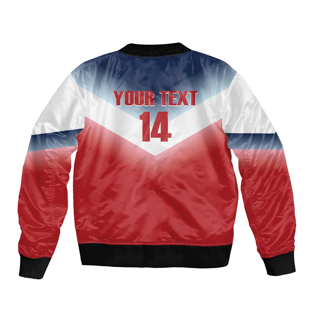 Unisex rugby bomber jacket with back print 'YOUR TEXT' and number 14; ribbed hem