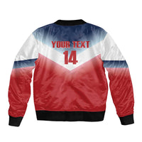 Unisex rugby bomber jacket with back print 'YOUR TEXT' and number 14; ribbed hem