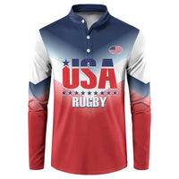 USA rugby button sweatshirt in navy, red, and white with flag badge