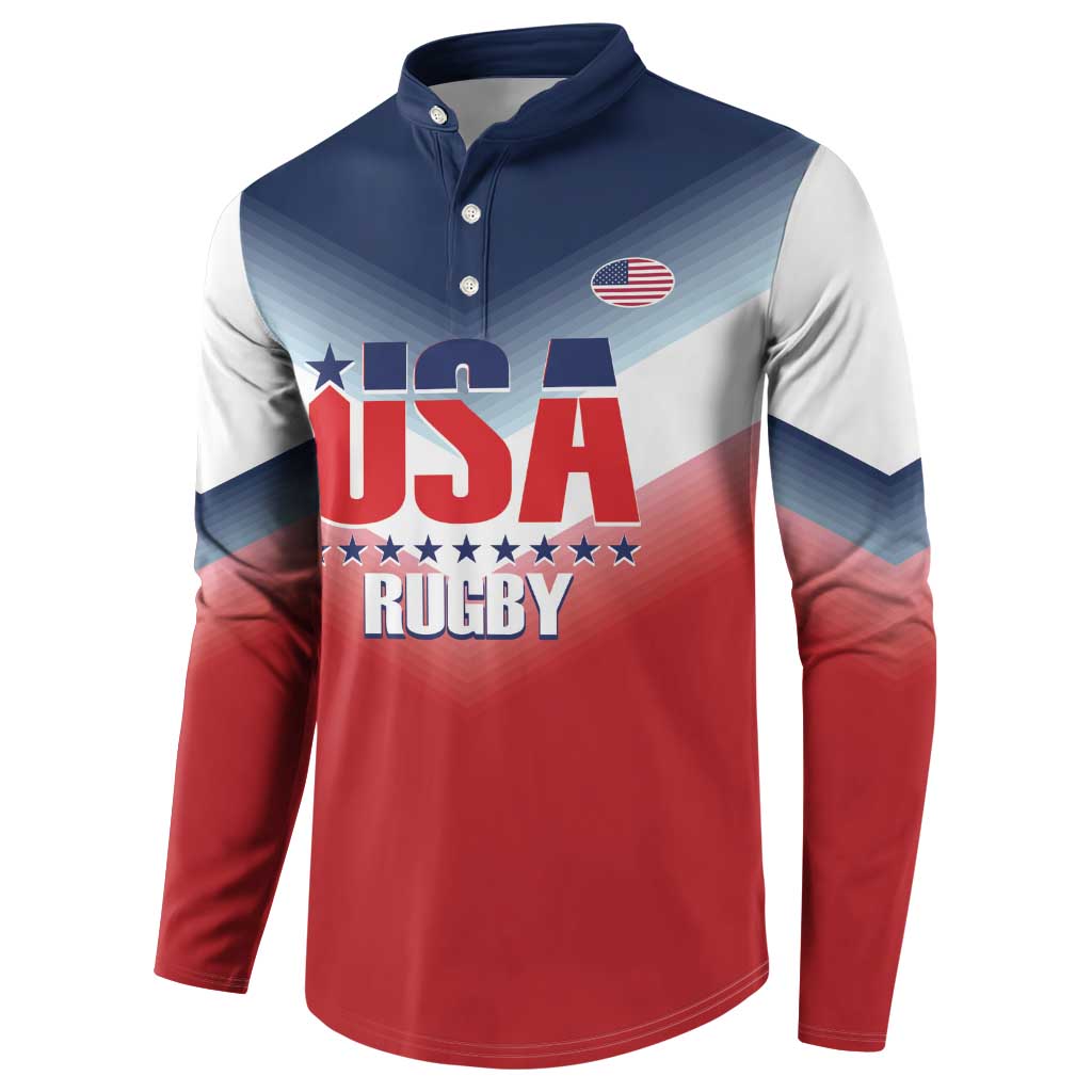USA rugby button sweatshirt front, navy top and red bottom with white side stripes