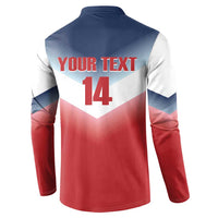 Rugby button sweatshirt back with YOUR TEXT 14, navy and red colorblock