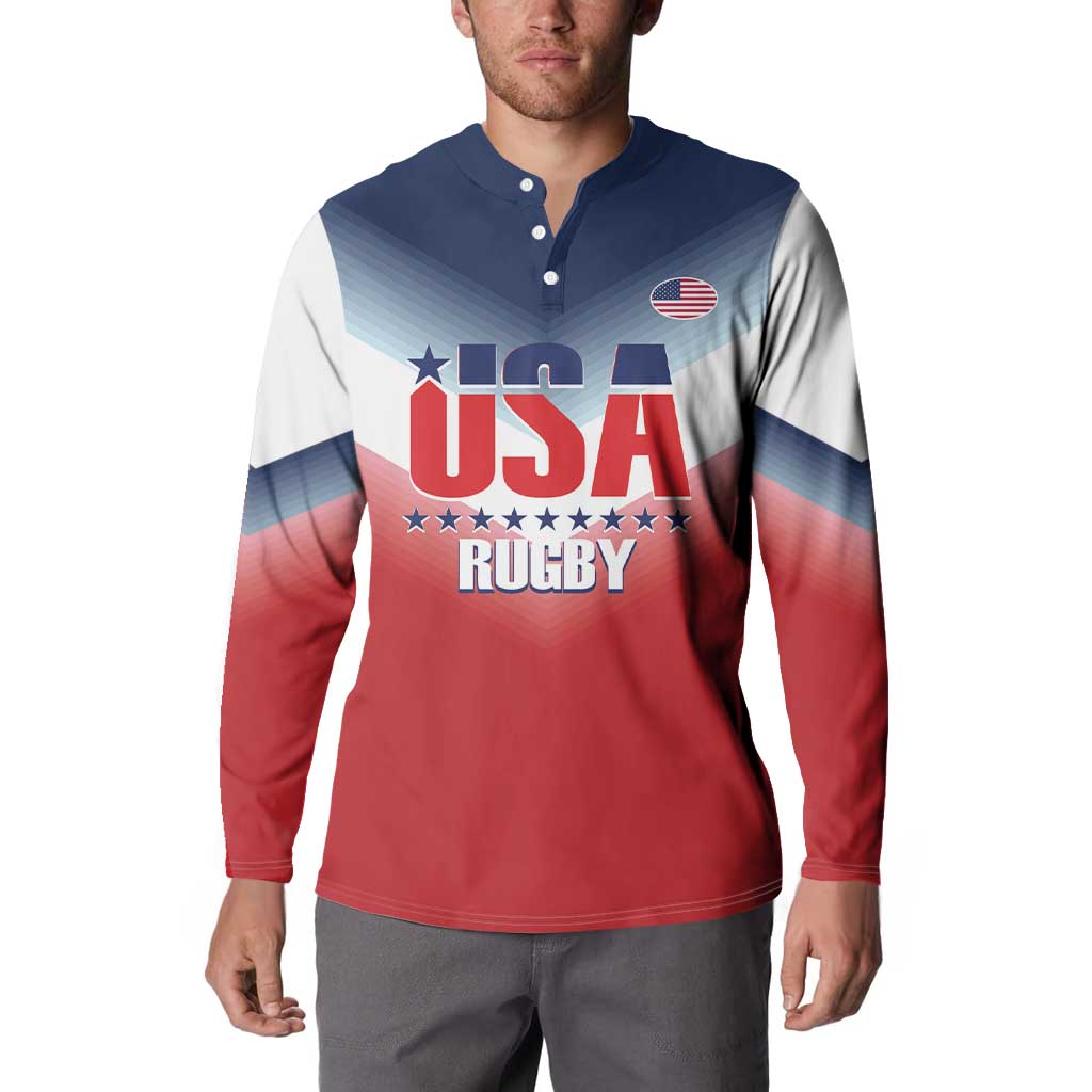 USA rugby button sweatshirt front with flag badge, long sleeves, 3-button placket
