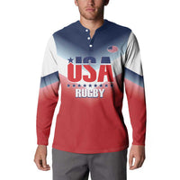 USA rugby button sweatshirt front with flag badge, long sleeves, 3-button placket