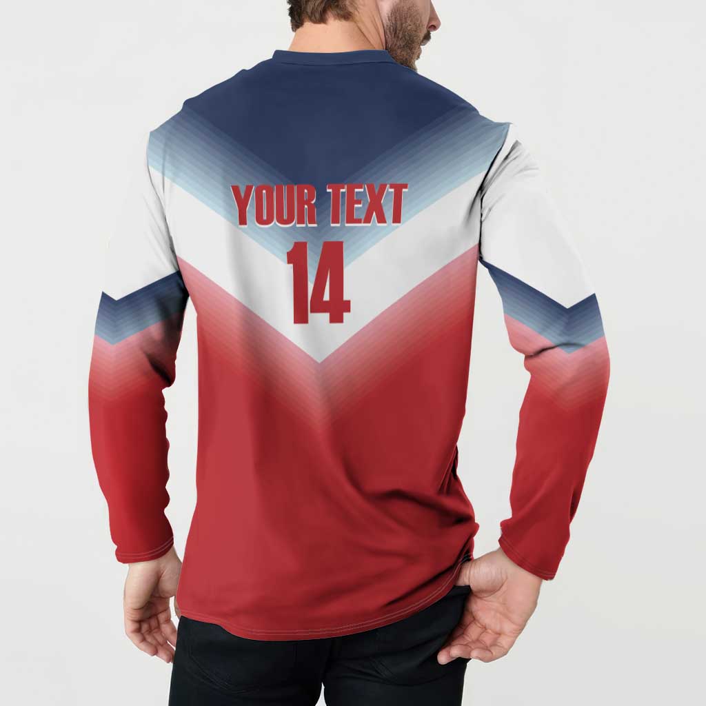 Rugby button sweatshirt back view, YOUR TEXT 14 on navy-red colorblock
