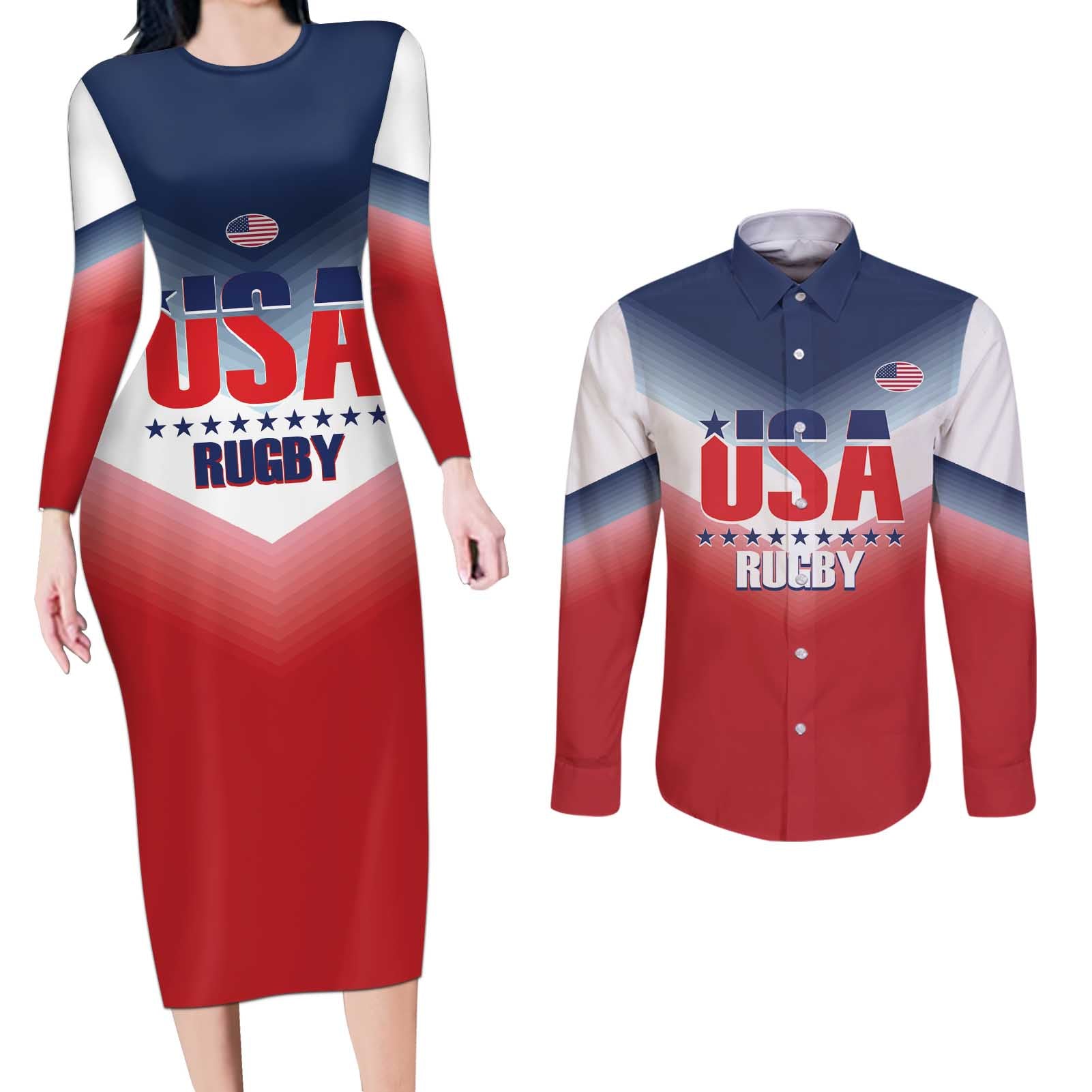 Custom USA Rugby Couples Matching Long Sleeve Bodycon Dress and Long Sleeve Button Shirt 2024 Simple Style - Wonder Print Shop