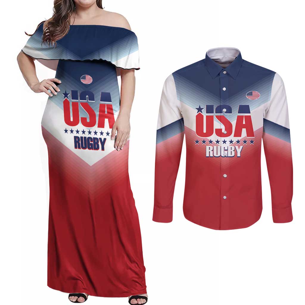 Custom USA Rugby Couples Matching Off Shoulder Maxi Dress and Long Sleeve Button Shirt 2024 Simple Style - Wonder Print Shop