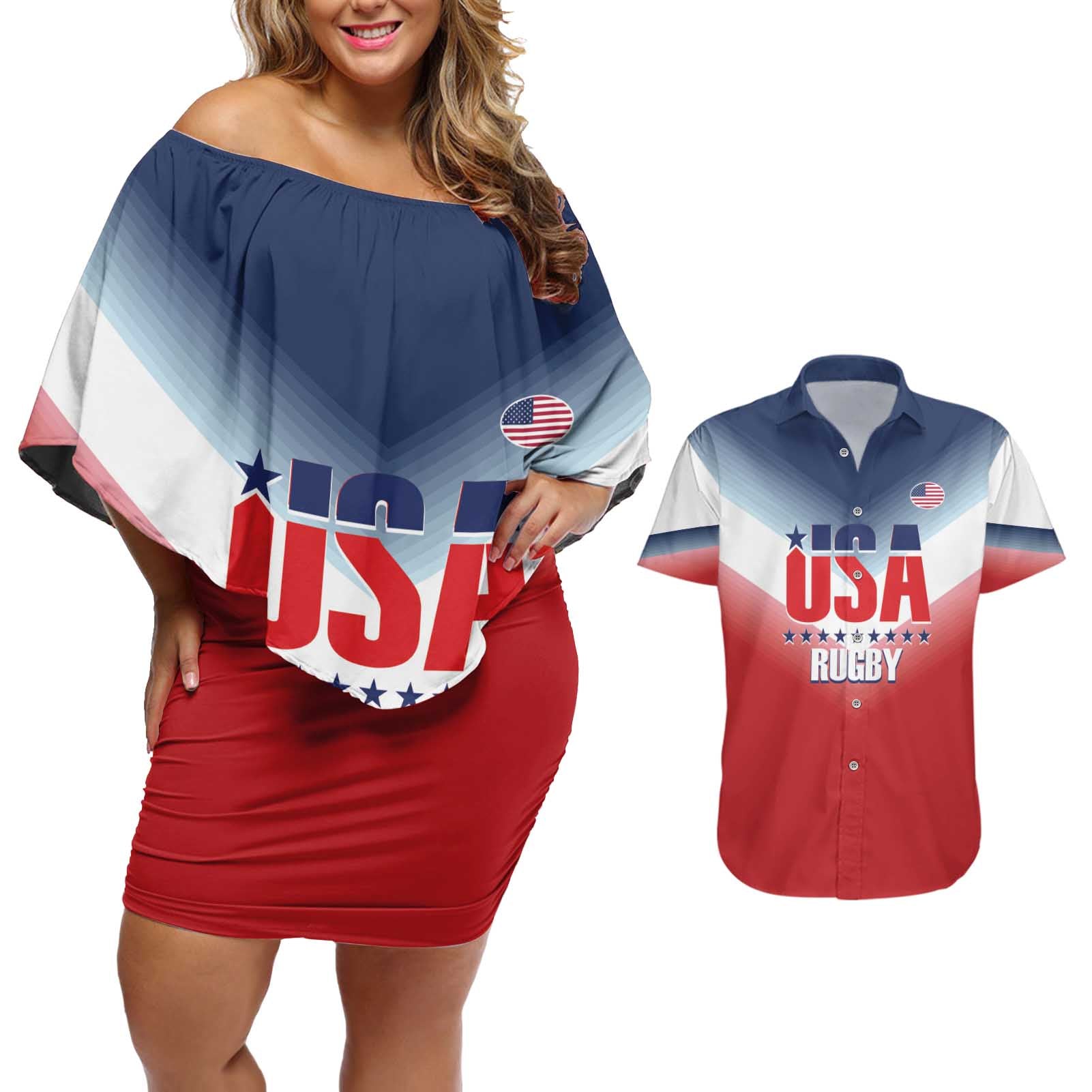 Custom USA Rugby Couples Matching Off Shoulder Short Dress and Hawaiian Shirt 2024 Simple Style - Wonder Print Shop