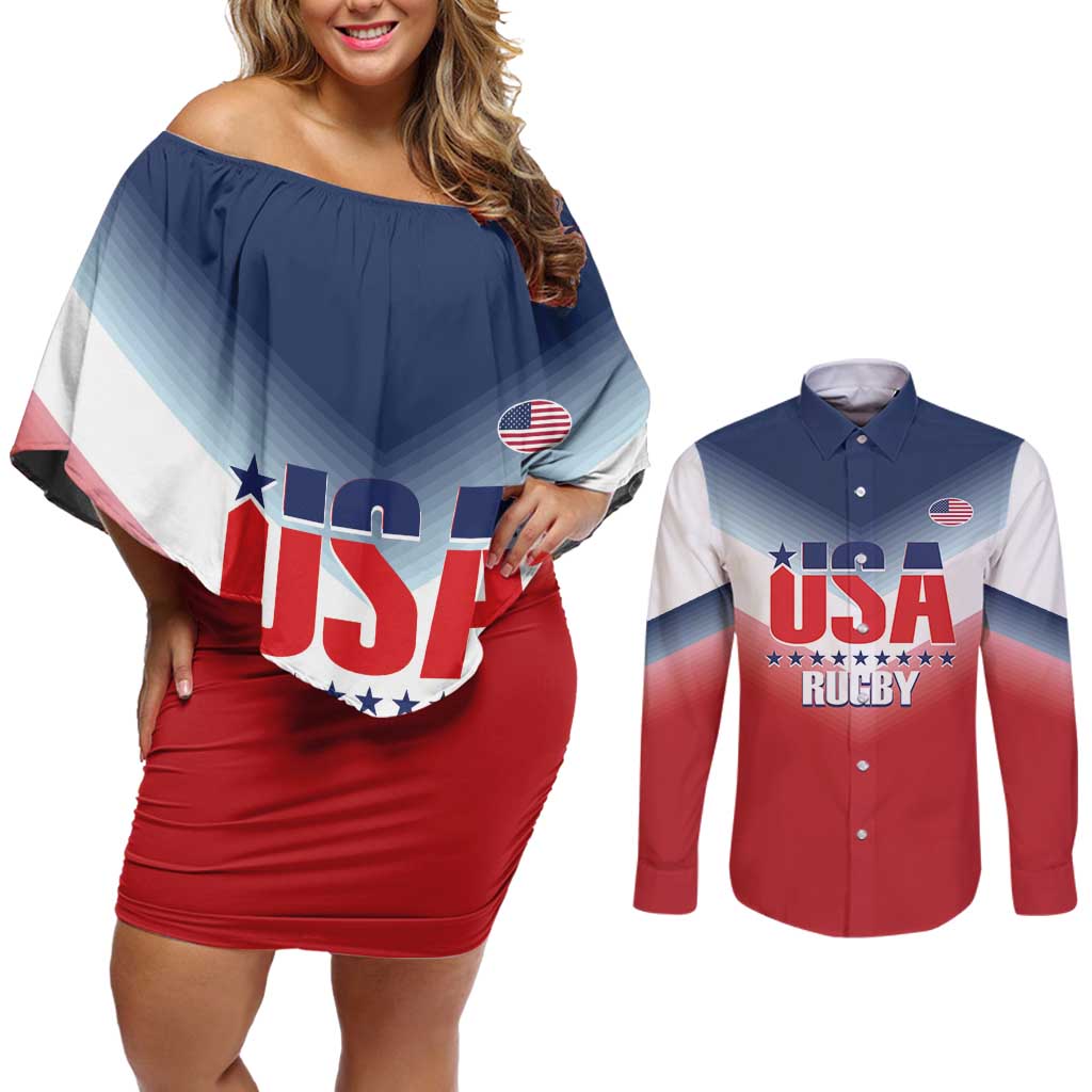 Custom USA Rugby Couples Matching Off Shoulder Short Dress and Long Sleeve Button Shirt 2024 Simple Style - Wonder Print Shop