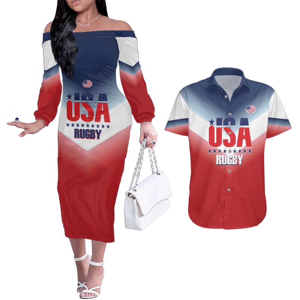 Custom USA Rugby Couples Matching Off The Shoulder Long Sleeve Dress and Hawaiian Shirt 2024 Simple Style - Wonder Print Shop