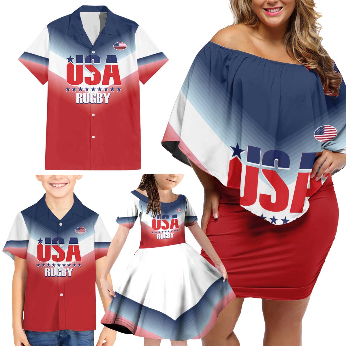 Custom USA Rugby Family Matching Off Shoulder Short Dress and Hawaiian Shirt 2024 Simple Style - Wonder Print Shop