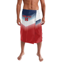 Red rugby lavalava with white/blue graphic, 'YOUR TEXT 14' front print