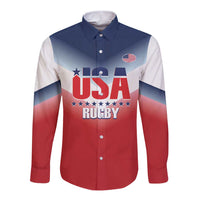 Long sleeve button rugby shirt with navy collar, red and white panels, front 'USA RUGBY' graphic