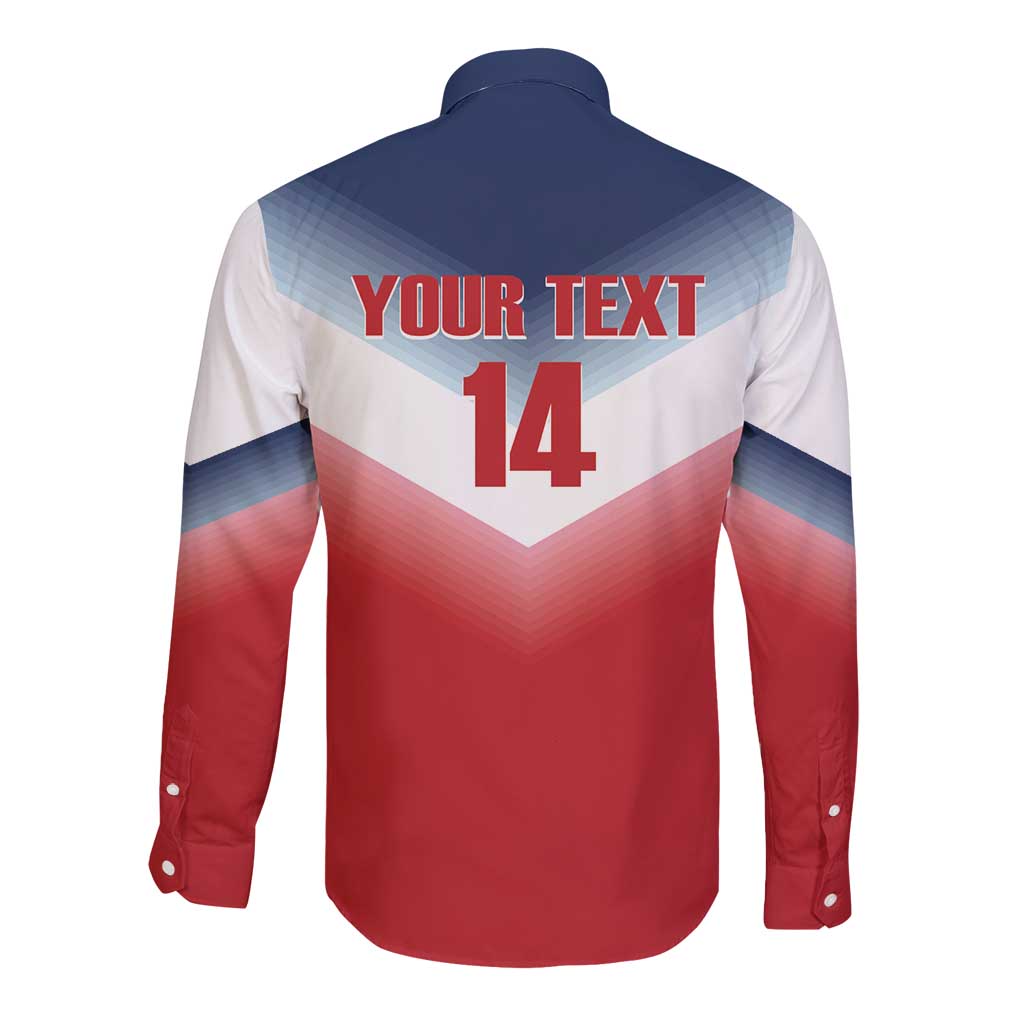 Long sleeve button rugby shirt with navy collar, red and white panels, back 'Your Text' and 14