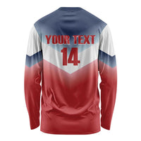 Unisex long-sleeve rugby shirt, back text YOUR TEXT with number 14, red/blue/white