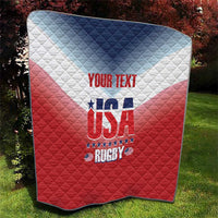 Custom USA rugby quilt with red base, light blue-white top panel, and quilted diamond pattern