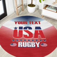Red-and-gray round rug with 'YOUR TEXT' and 'USA' lettering