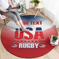 Red round rug with 'YOUR TEXT' and 'USA RUGBY' logo beneath stars