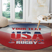 Red round rug with 'YOUR TEXT' and 'USA RUGBY' graphic with flag symbols