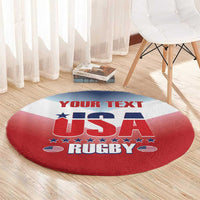 Red round rug with 'YOUR TEXT' and 'USA RUGBY' graphic with stars