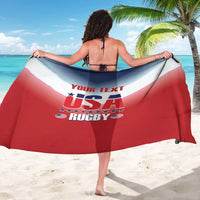 Red and white custom sarong worn back view, 'YOUR TEXT' USA Rugby logo print