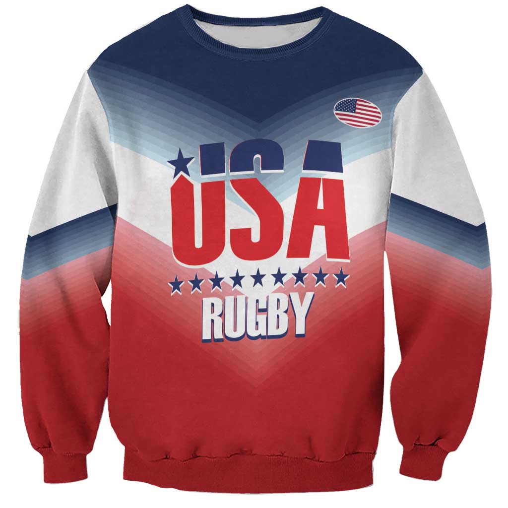 Red, navy, and gray rugby sweatshirt with USA shield and 'RUGBY' graphic