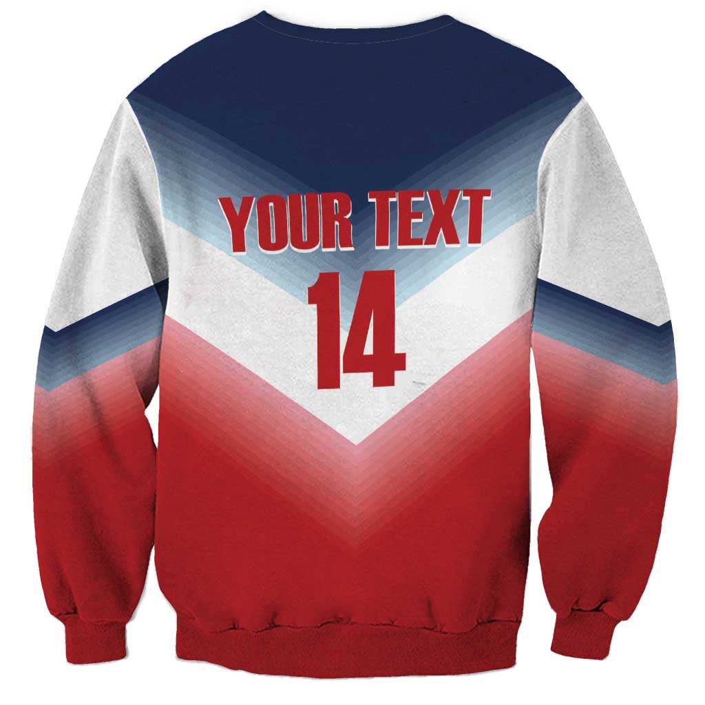 Rugby sweatshirt with red, gray, and navy chevron and 'YOUR TEXT 14' on back