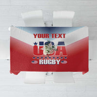 Red tablecloth featuring customizable “YOUR TEXT” and a rugby logo design