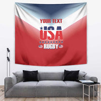 USA rugby tapestry, red/white/blue, with 'YOUR TEXT' over USA Rugby emblem