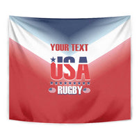 USA rugby tapestry close-up, red/white/blue with 'YOUR TEXT' and USA Rugby logo