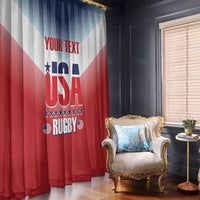 Rugby window curtain panel with patriotic red, white, and blue graphic and text