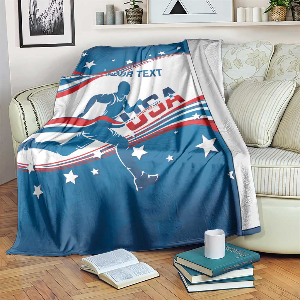 Blue and white USA flag athletics blanket with stars, stripes, and runner graphic