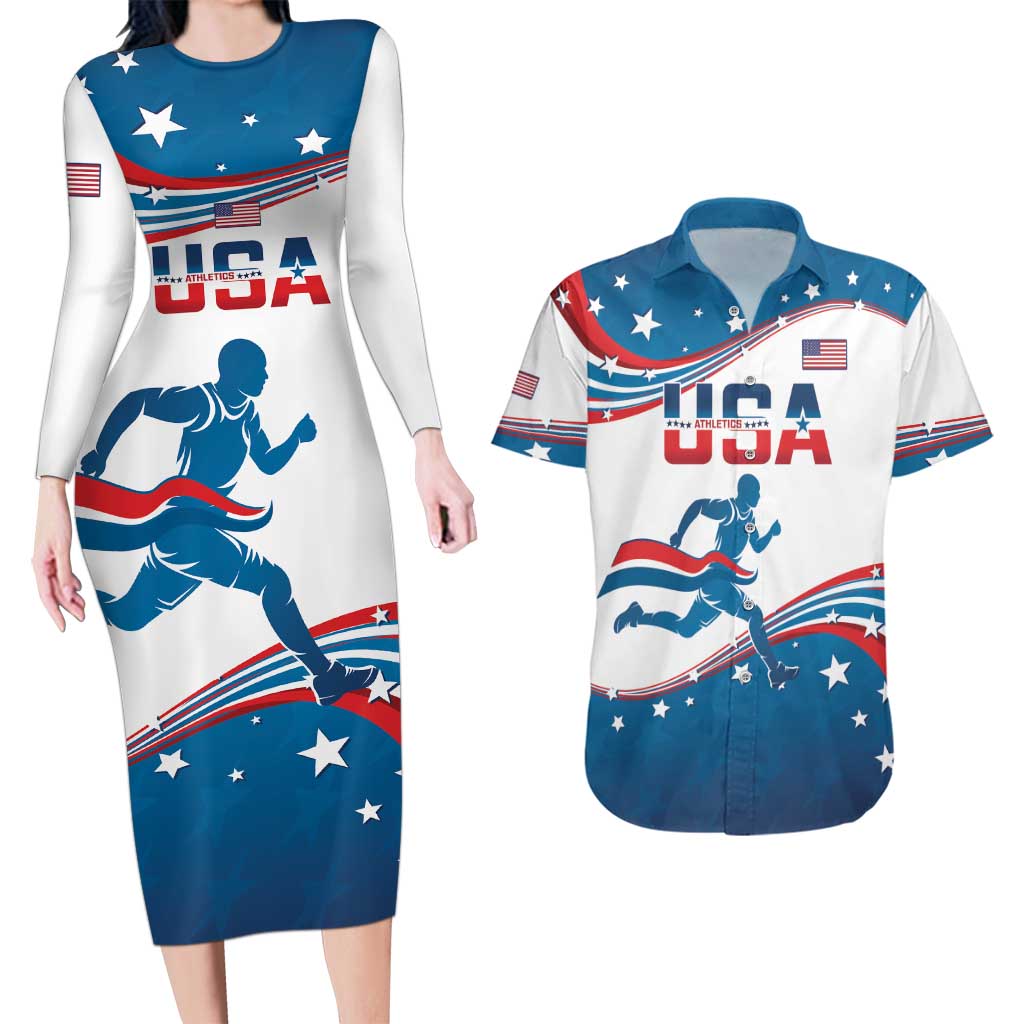 Custom USA Athletics Couples Matching Long Sleeve Bodycon Dress and Hawaiian Shirt 2024 United States Flag Curve Style - Wonder Print Shop