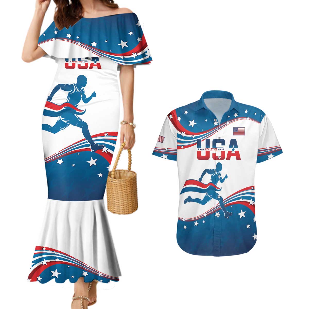 Custom USA Athletics Couples Matching Mermaid Dress and Hawaiian Shirt 2024 United States Flag Curve Style - Wonder Print Shop