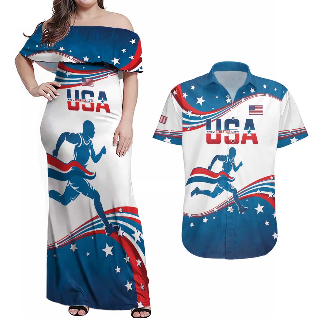 Custom USA Athletics Couples Matching Off Shoulder Maxi Dress and Hawaiian Shirt 2024 United States Flag Curve Style - Wonder Print Shop