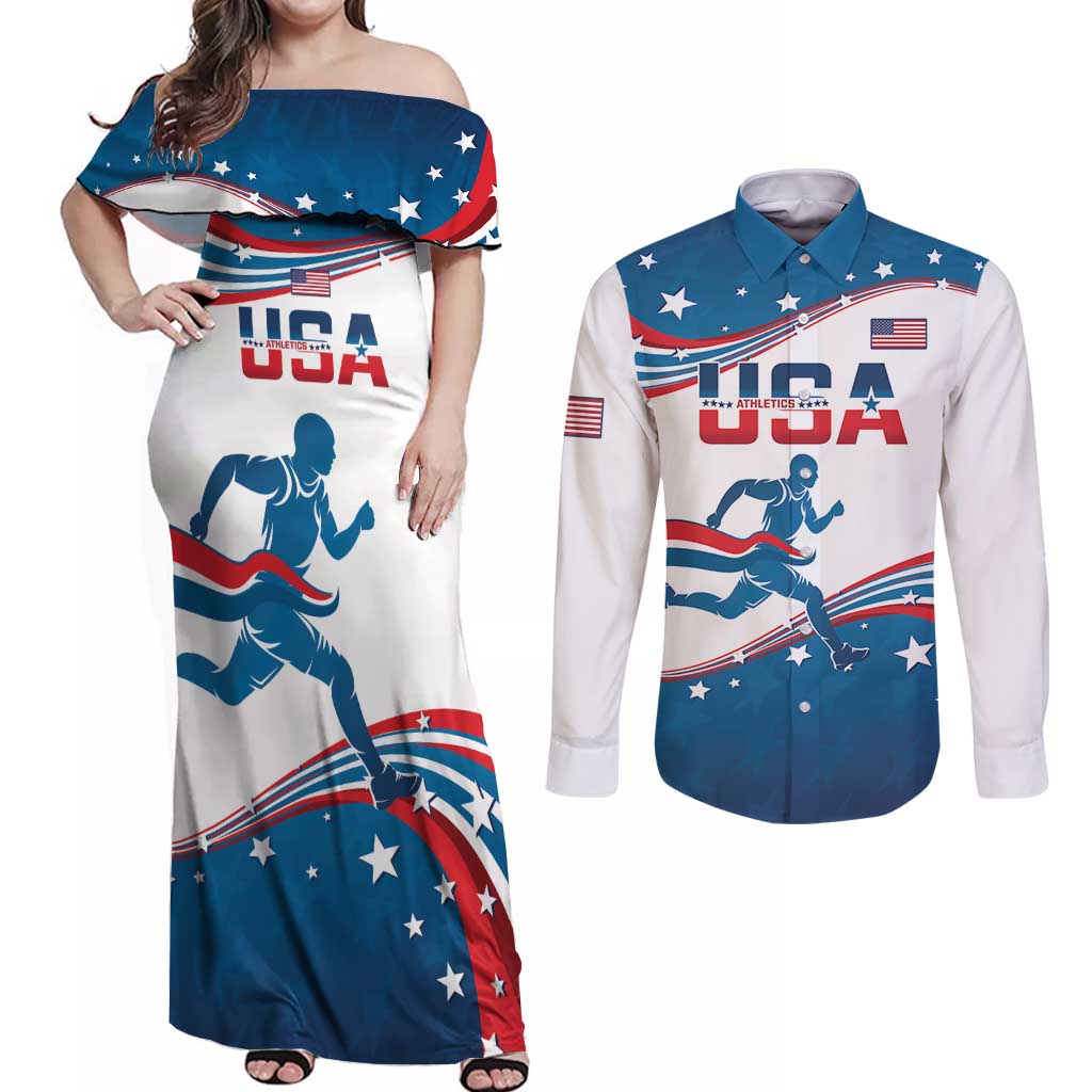 Custom USA Athletics Couples Matching Off Shoulder Maxi Dress and Long Sleeve Button Shirt 2024 United States Flag Curve Style - Wonder Print Shop