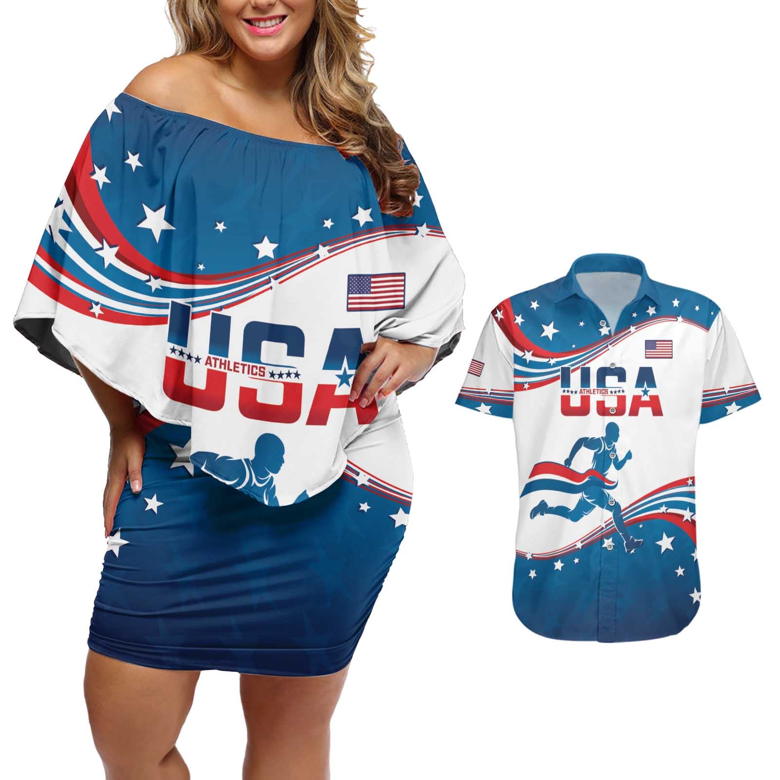 Custom USA Athletics Couples Matching Off Shoulder Short Dress and Hawaiian Shirt 2024 United States Flag Curve Style - Wonder Print Shop