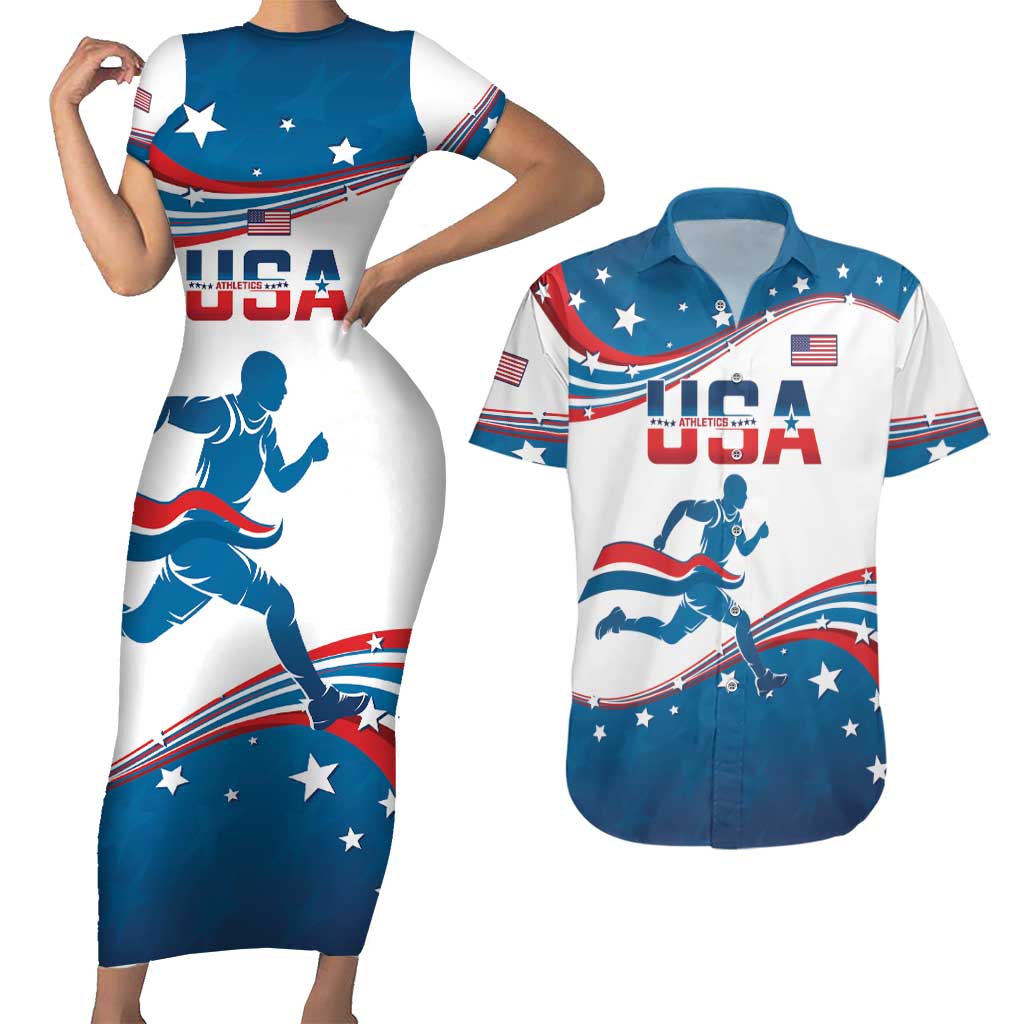 Custom USA Athletics Couples Matching Short Sleeve Bodycon Dress and Hawaiian Shirt 2024 United States Flag Curve Style - Wonder Print Shop