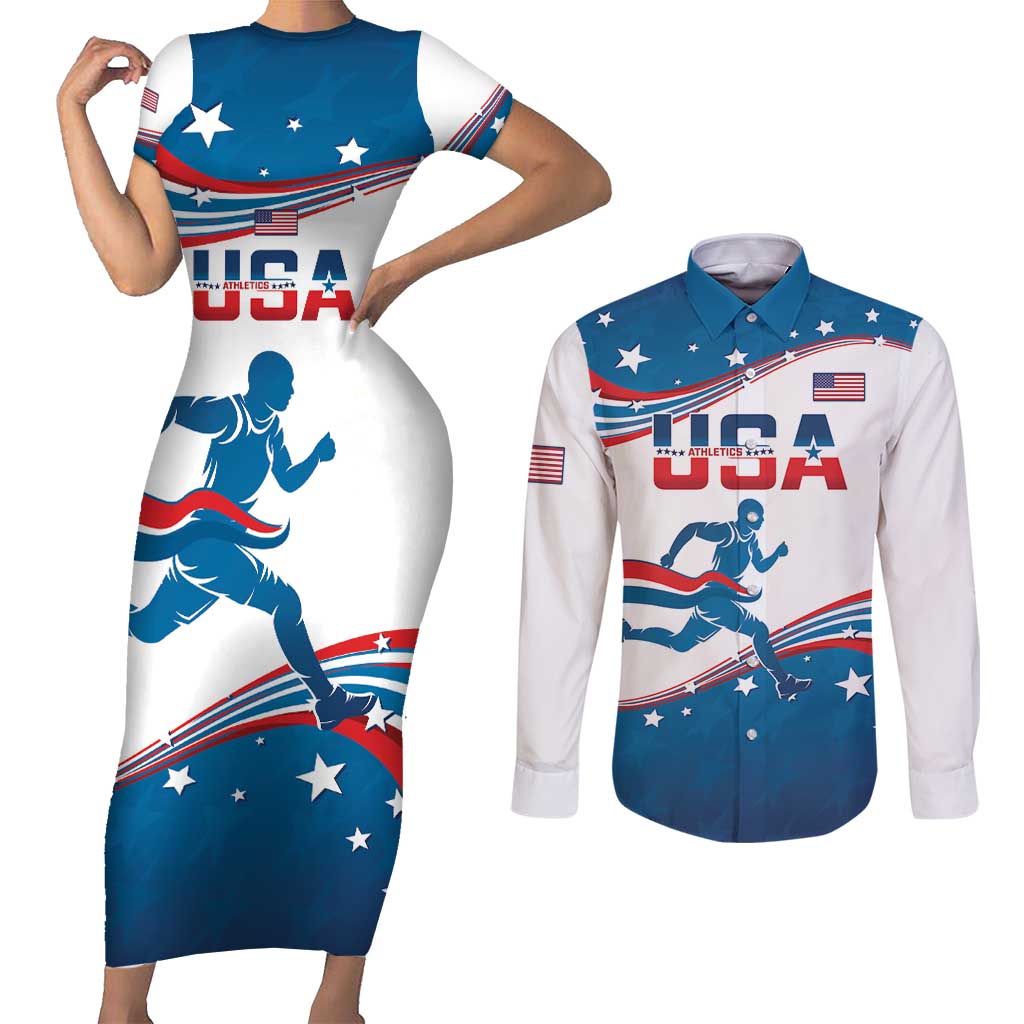 Custom USA Athletics Couples Matching Short Sleeve Bodycon Dress and Long Sleeve Button Shirt 2024 United States Flag Curve Style - Wonder Print Shop