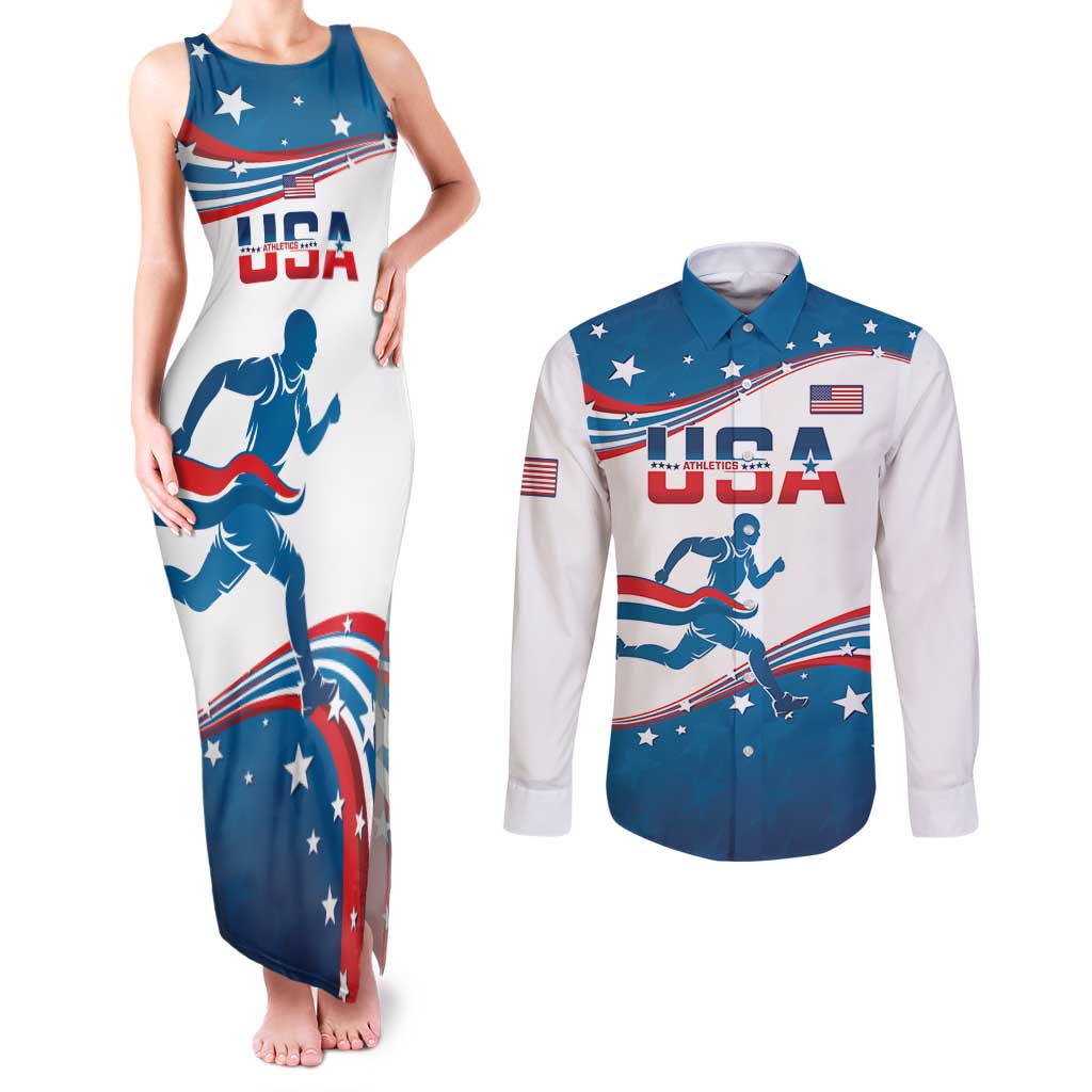 Custom USA Athletics Couples Matching Tank Maxi Dress and Long Sleeve Button Shirt 2024 United States Flag Curve Style - Wonder Print Shop