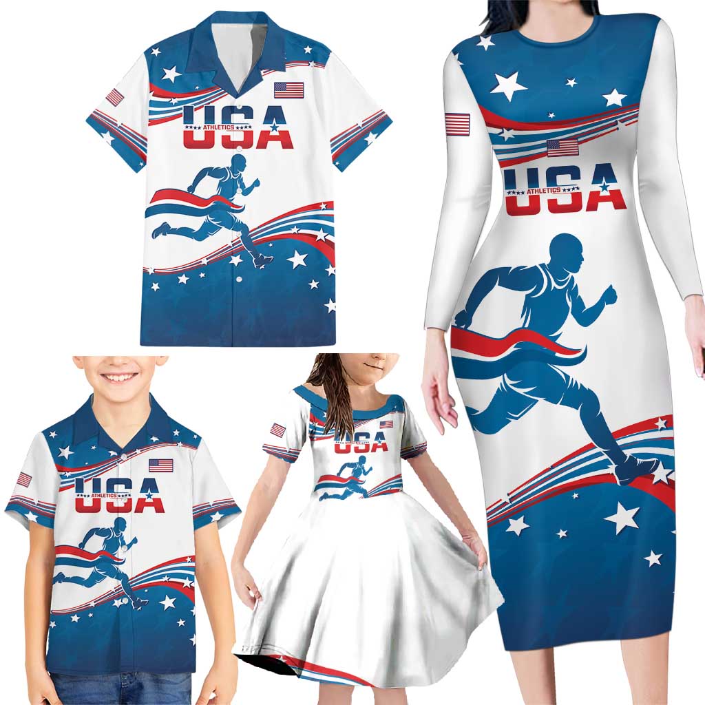 Custom USA Athletics Family Matching Long Sleeve Bodycon Dress and Hawaiian Shirt 2024 United States Flag Curve Style - Wonder Print Shop