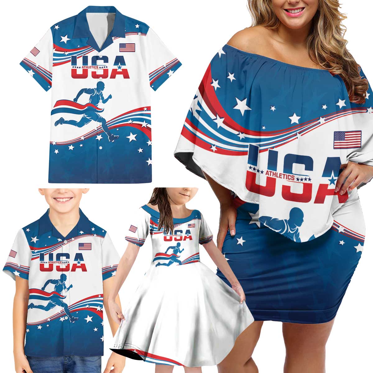 Custom USA Athletics Family Matching Off Shoulder Short Dress and Hawaiian Shirt 2024 United States Flag Curve Style - Wonder Print Shop