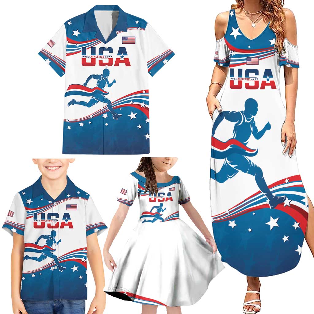 Custom USA Athletics Family Matching Summer Maxi Dress and Hawaiian Shirt 2024 United States Flag Curve Style - Wonder Print Shop